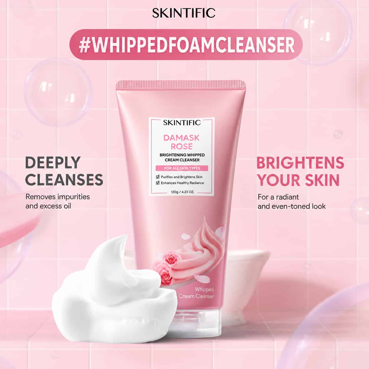 SKINTIFIC Damask Rose Brightening Whipped Cream Cleanser 2