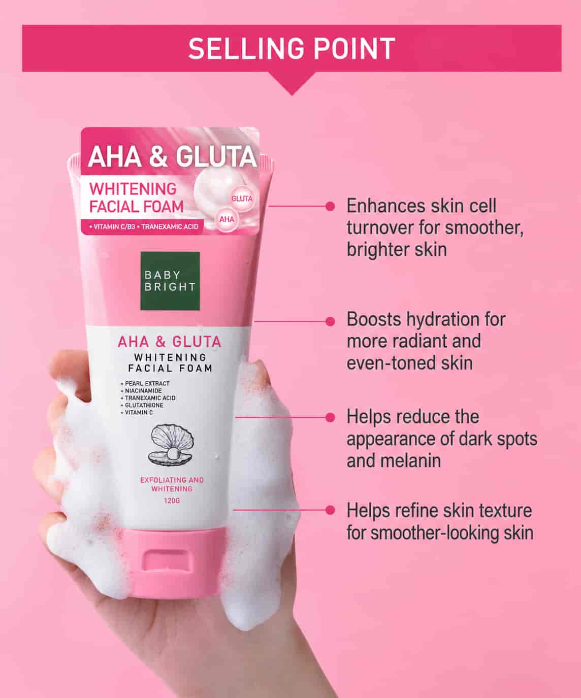 Baby Bright AHA & Gluta Whitening Facial Foam 4